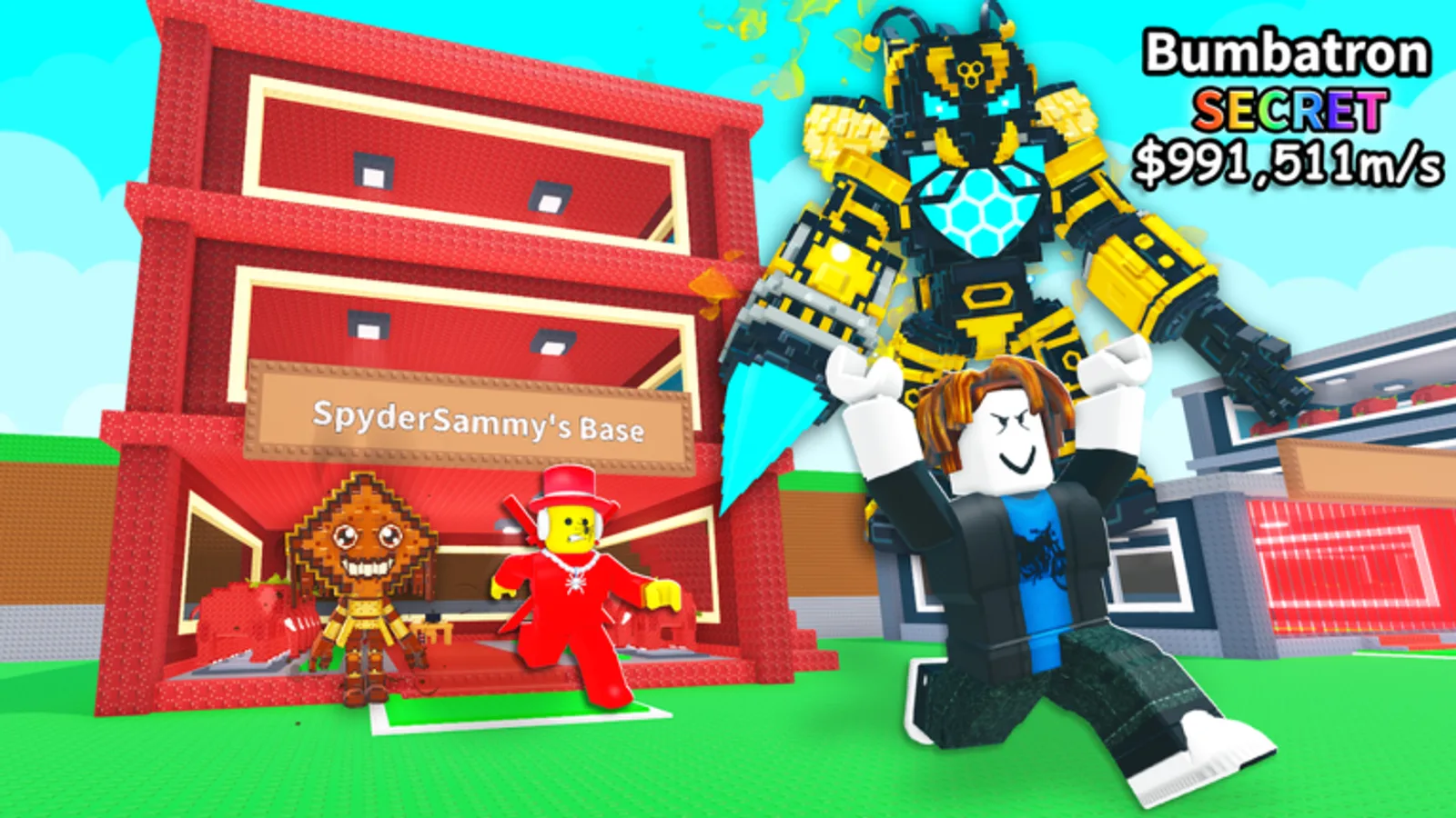 SpyderSammy's Base storefront in Steal a Brainrot, with a Bumbatron Secret brainrot on display
