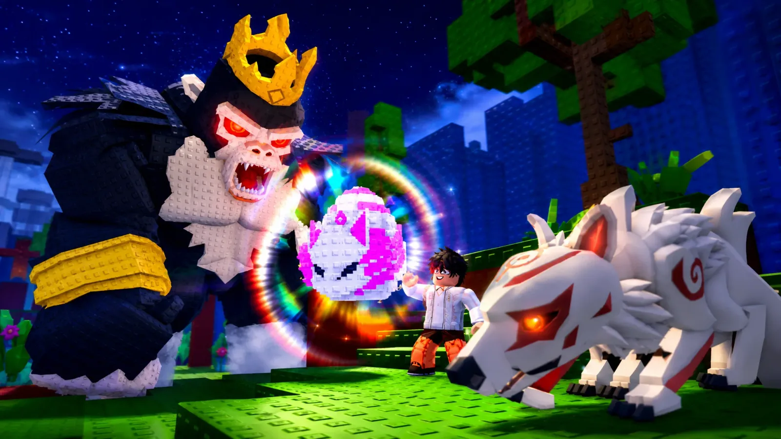 The crowned Gorilla King handing over a Kitsune egg to a player in Steal an Egg, with a white wolf like creature nearby