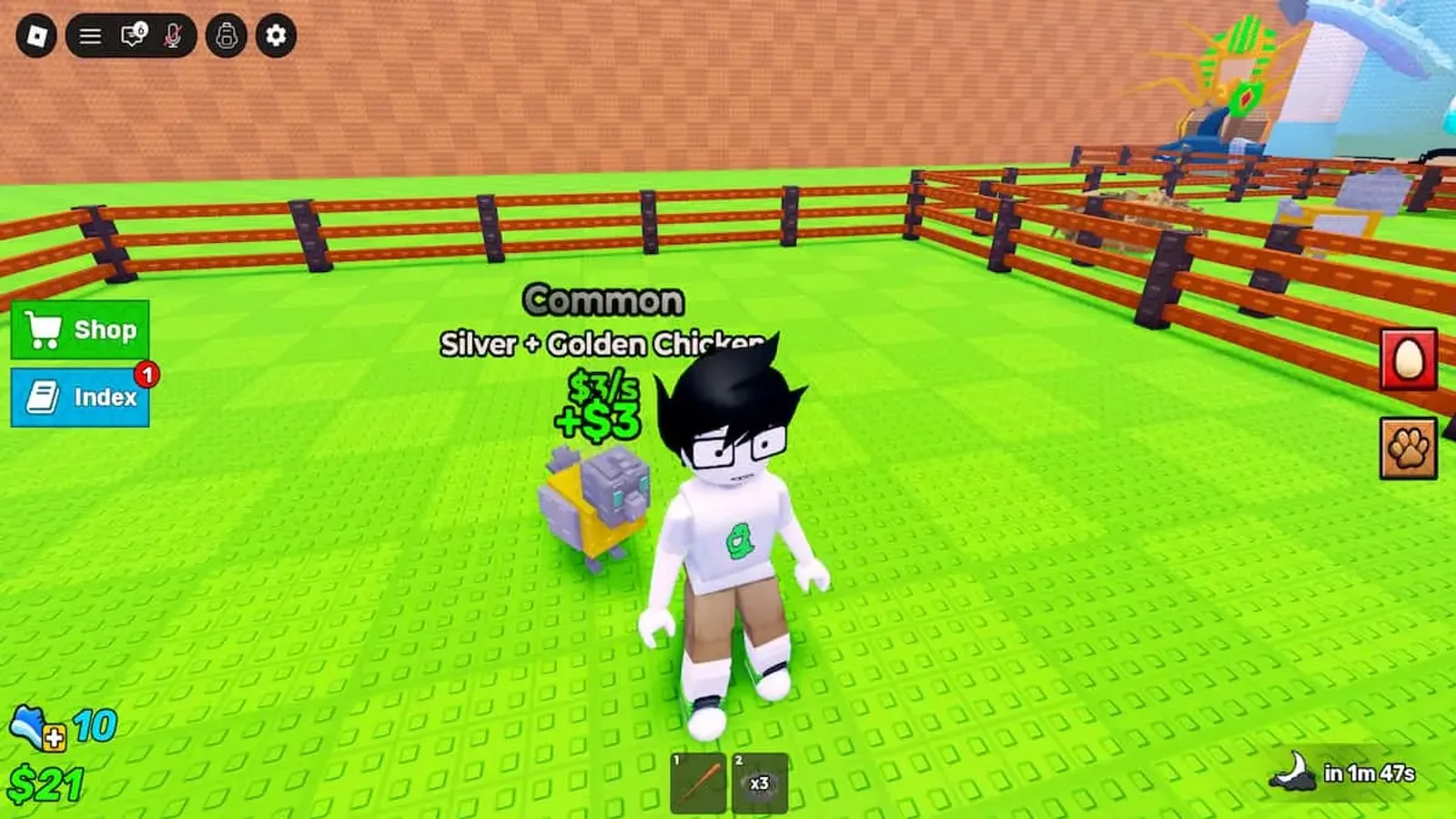 Player hatching a Common pet in Steal an Egg's starting pen, with the Shop and Index buttons visible on screen