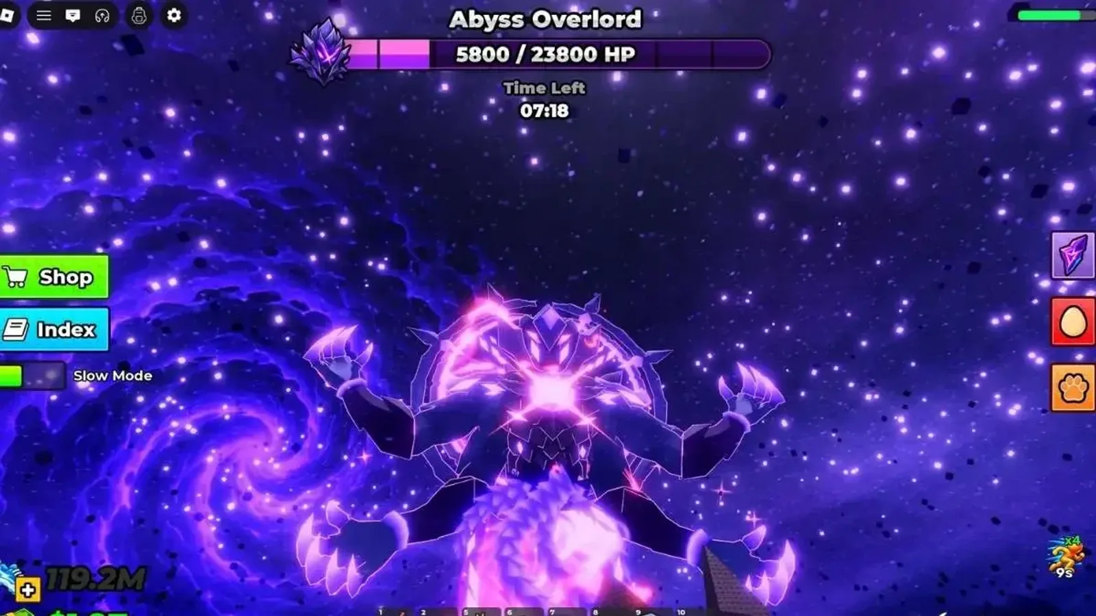 The Abyss Overlord boss fight HUD showing its health bar in Steal an Egg