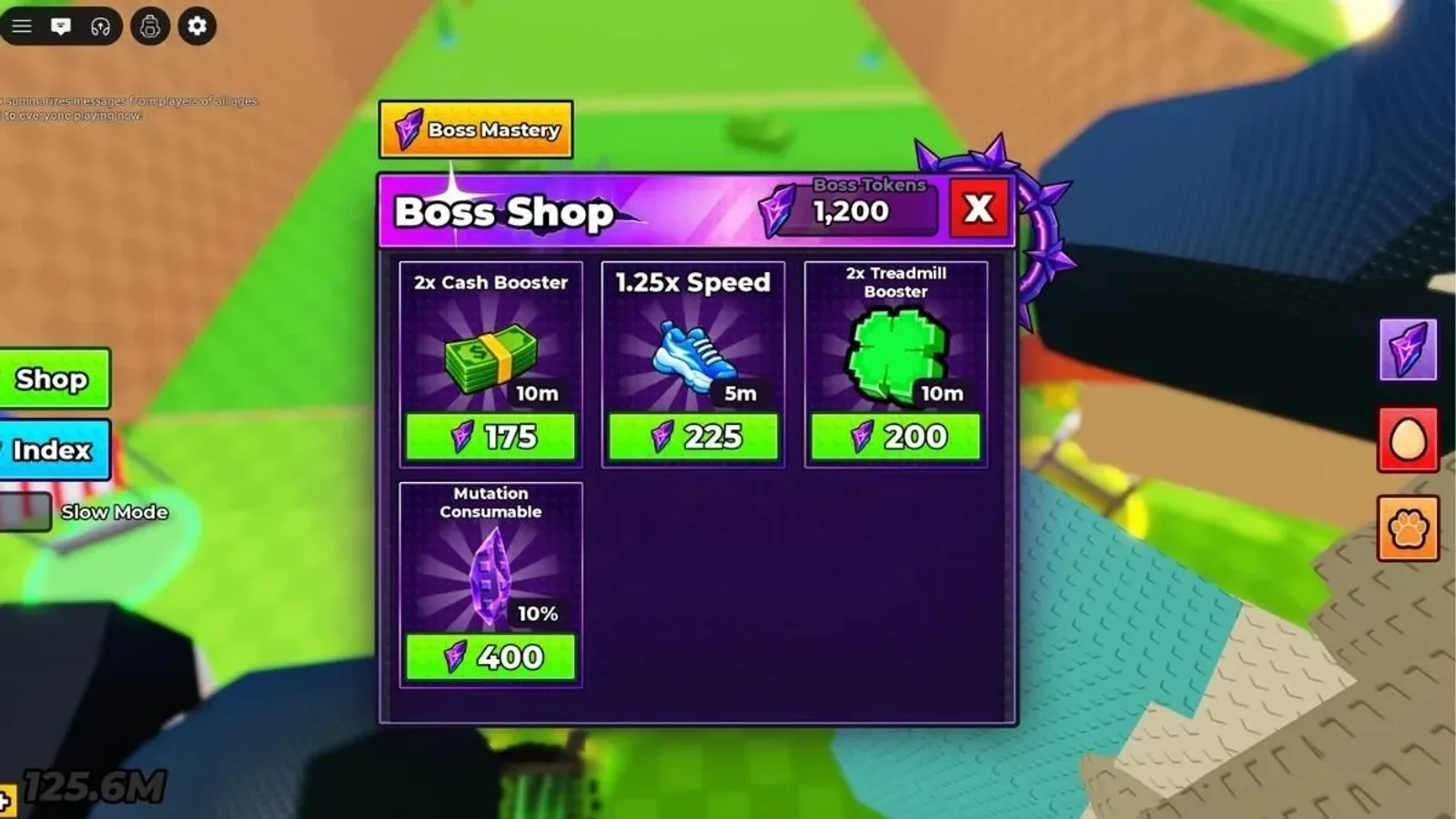 The Boss Shop menu in Steal an Egg showing boosters and the Mutation Consumable priced in Boss Tokens