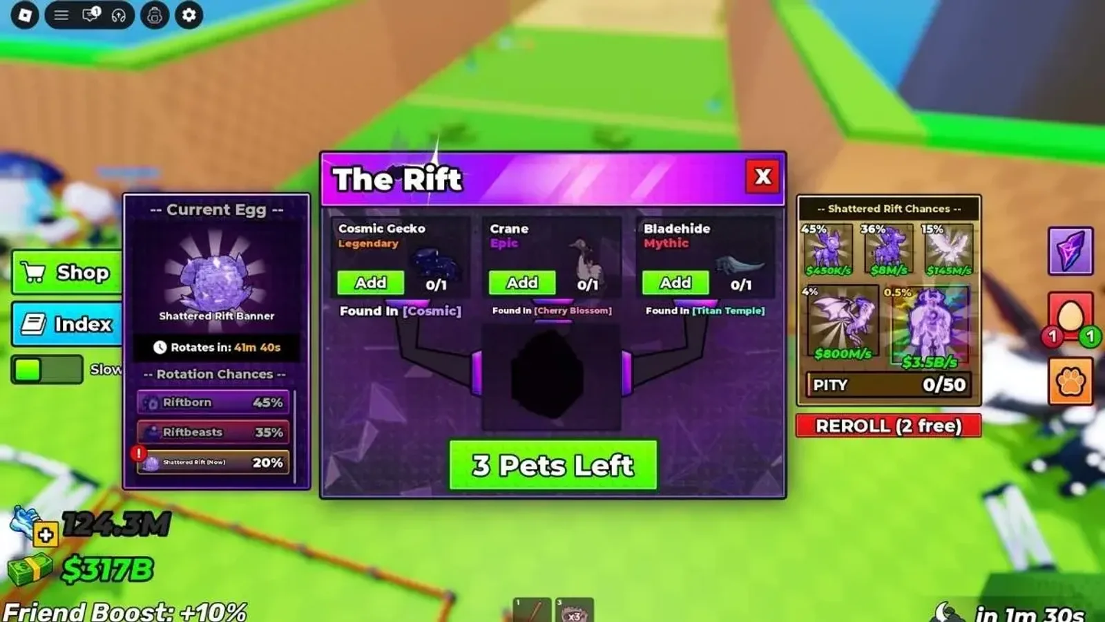 The Rift Machine menu in Steal an Egg asking for three animals to sacrifice for a Rift Egg