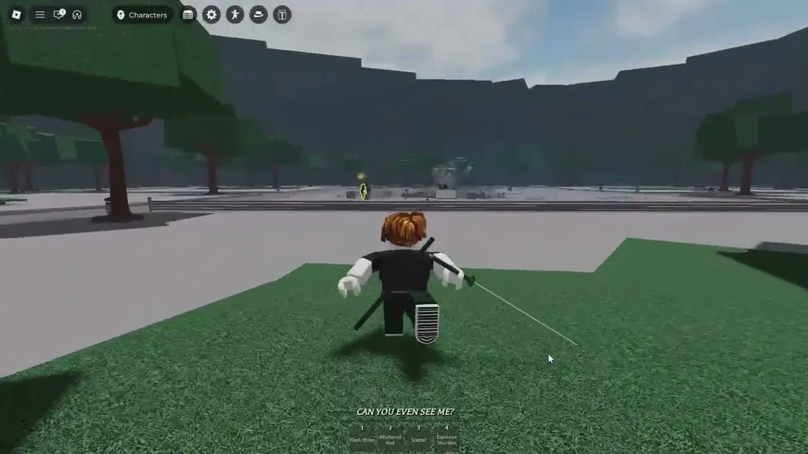 The Strongest Battlegrounds gameplay HUD, showing a fighter's equipped ability hotbar: Flash Strike, Whirlwind Kick, Scatter and Explosive Shuriken