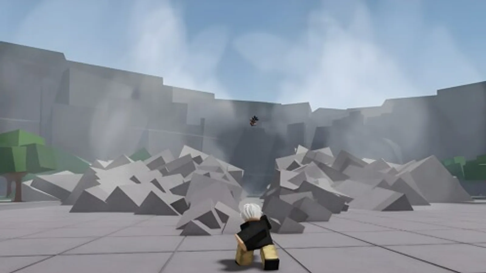 Official The Strongest Battlegrounds game icon on Roblox, showing a fighter crouched before a shattered rock arena as another combatant leaps overhead