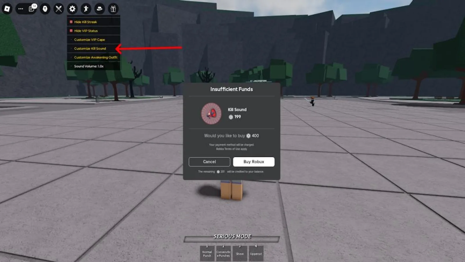 The Strongest Battlegrounds Kill Sound purchase prompt, showing an Insufficient Funds dialog asking to buy 199 Robux