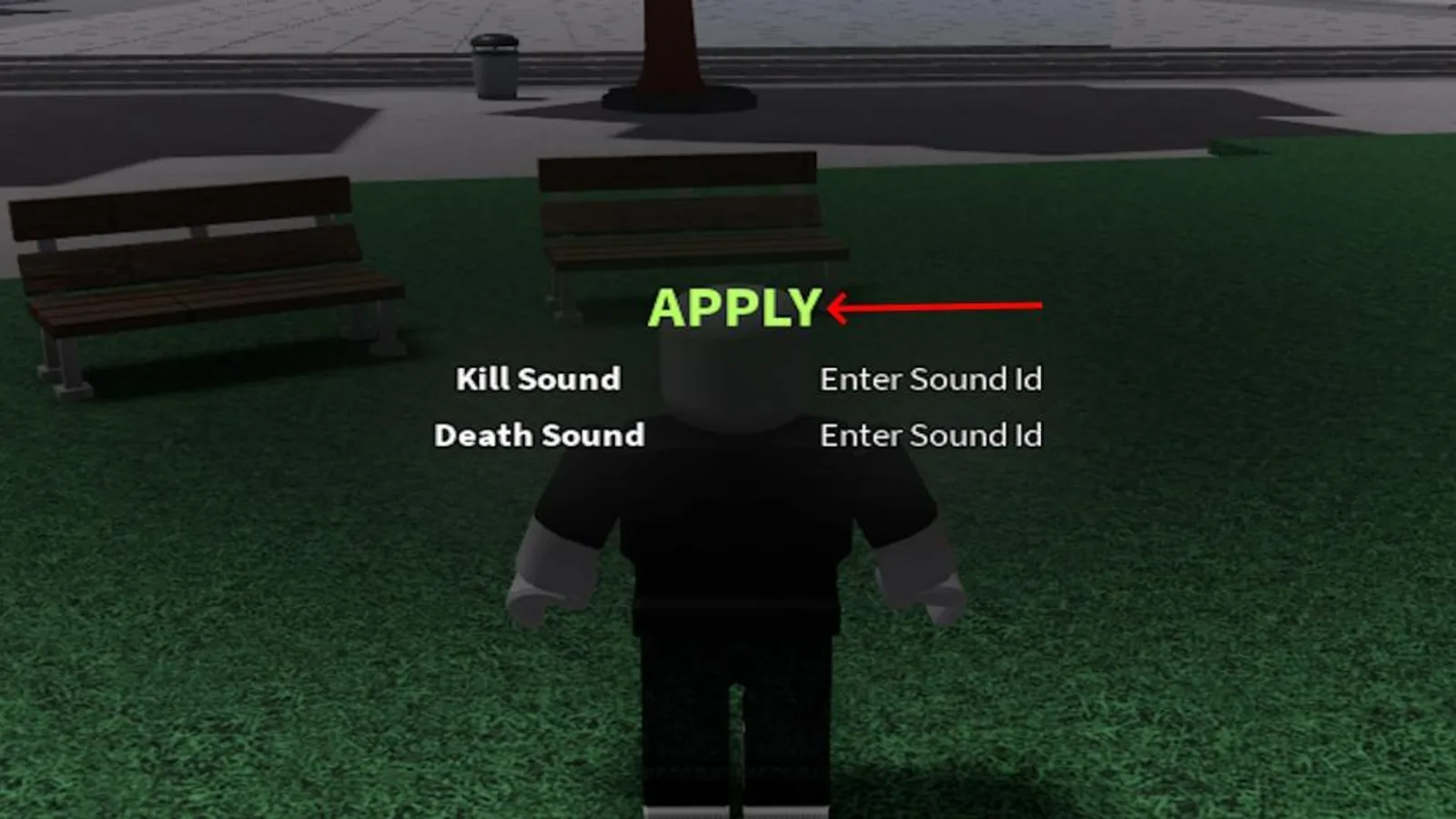 The Kill Sound and Death Sound Enter Sound Id fields in The Strongest Battlegrounds, with an Apply button highlighted